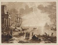 KG 16327
<br/>
Haven met classicistische gebouwen en zonsonder- of opgang
<br/>
<em>Earlom, Richard (1742/43-1822)</em>